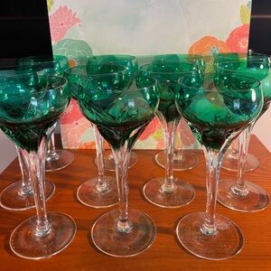 Vintage Art Deco Set of Green/Clear Glass Wine/Champagne Glasses- 11 Glasses